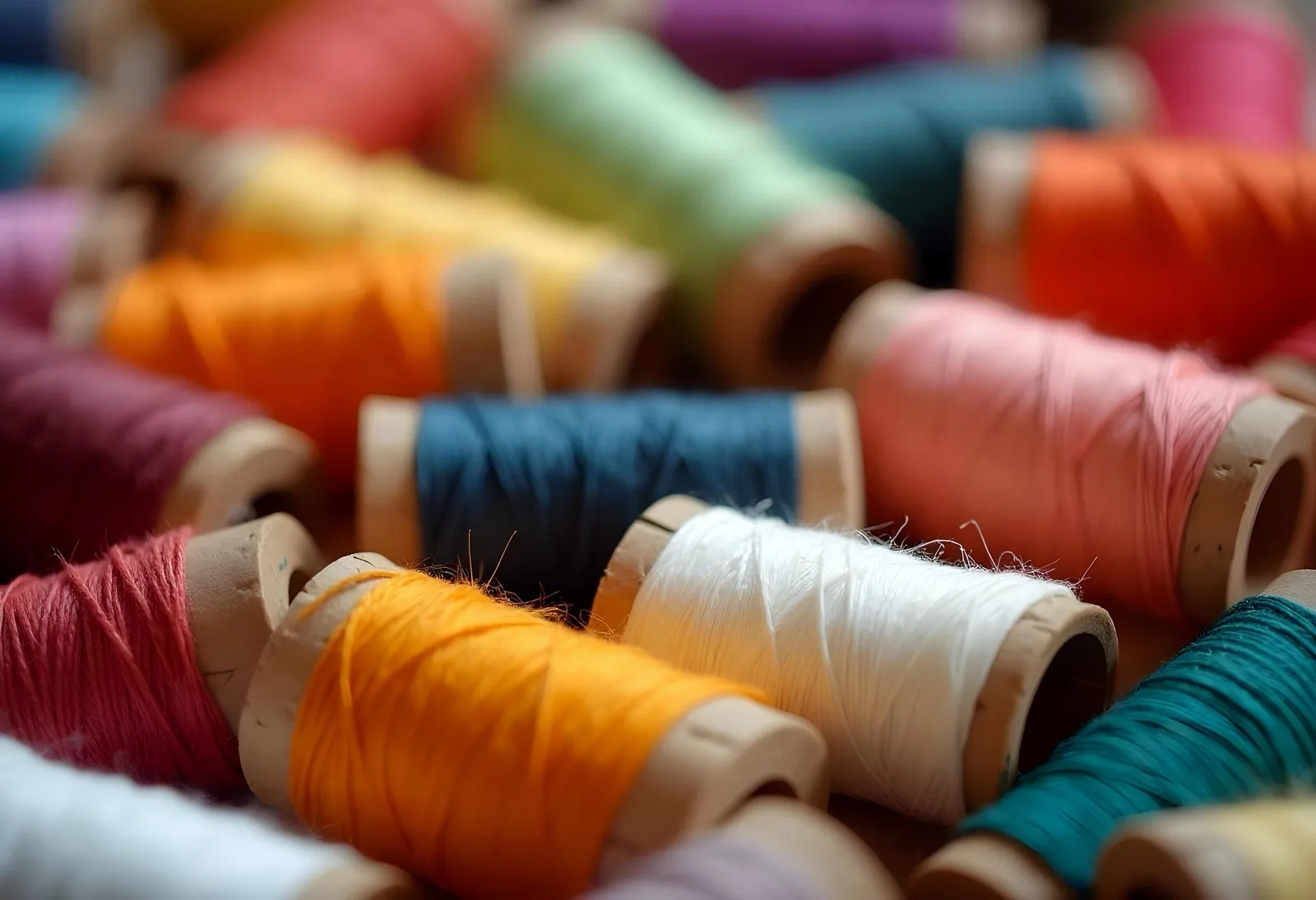 Nähgarnrollen in vielen Farben nebeneinander